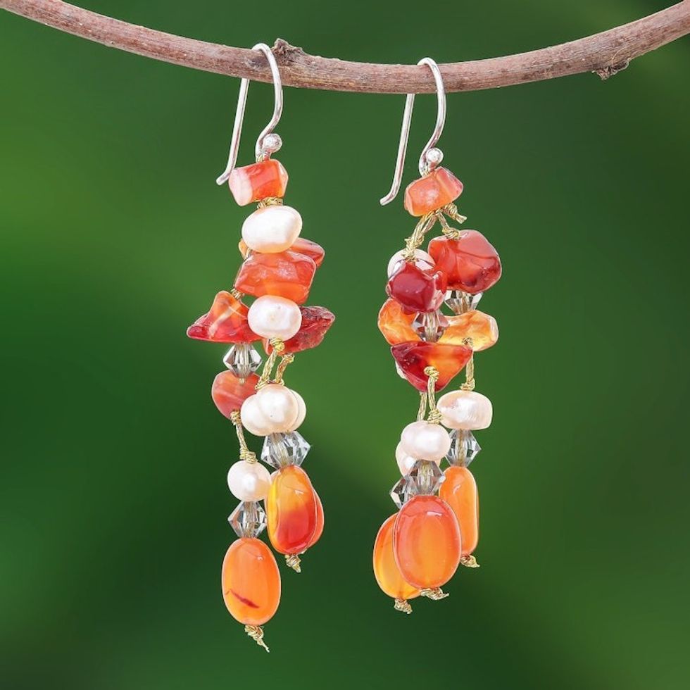 Hand Crafted Beaded Carnelian Earrings 'Orange Ice'