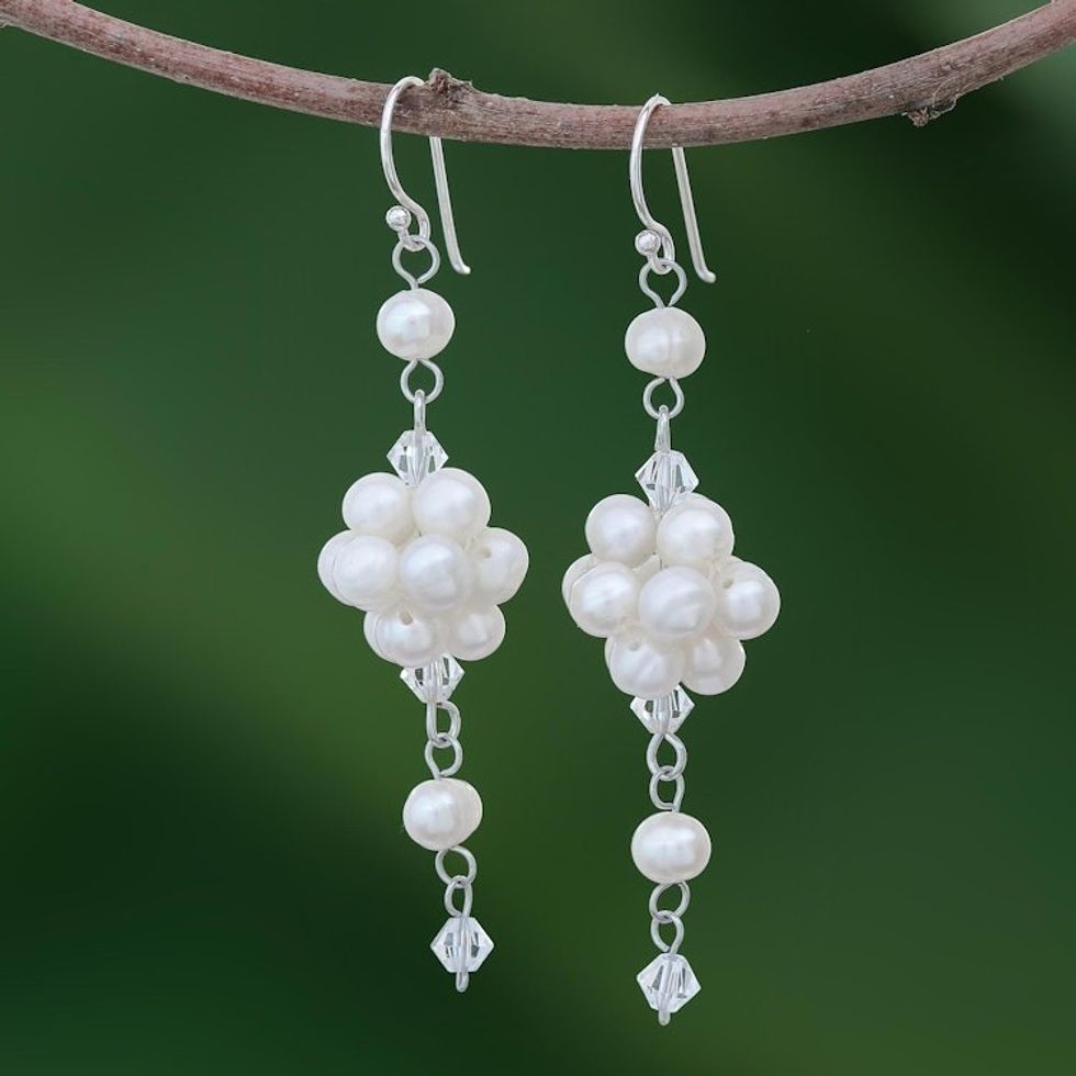 Bridal Sterling Silver and Pearl Dangle Earrings 'Enchanted Bloom'