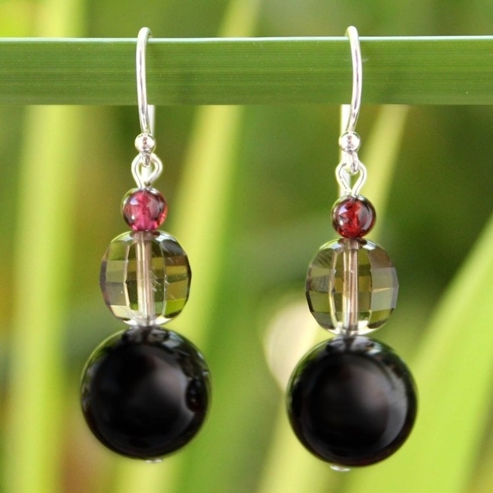 Garnet and Smoky Quartz Dangle Earrings 'Red Carpet'