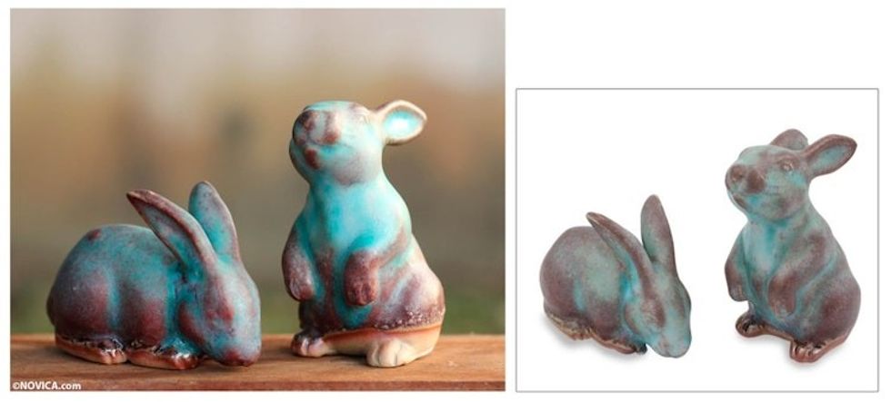 Handcrafted Ceramic Rabbit Figurines in Turquoise pair 'Joyful Rabbits'