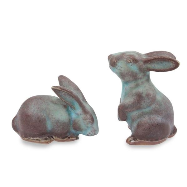 Alternate image for Handcrafted Ceramic Rabbit Figurines in Turquoise pair Joyful Rabbits