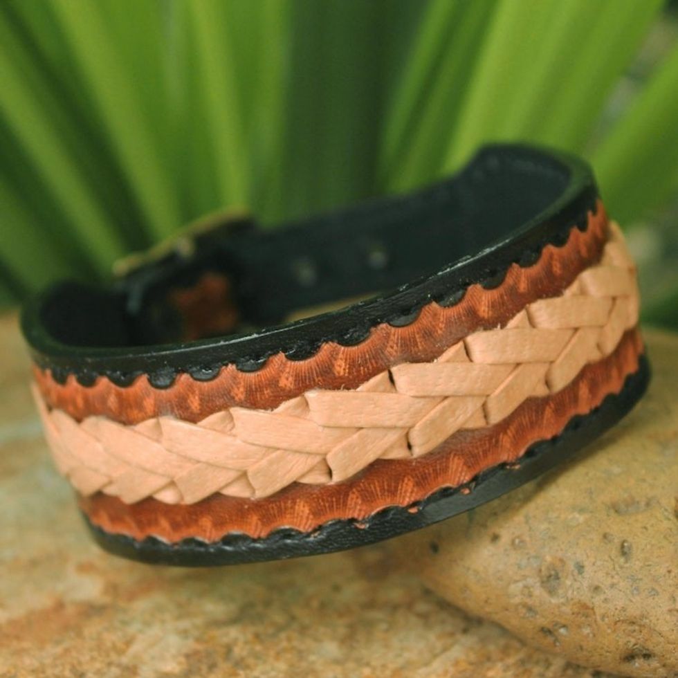 Men's Handcrafted Leather Wristband Bracelet from Thailand 'Thai Cowboy'
