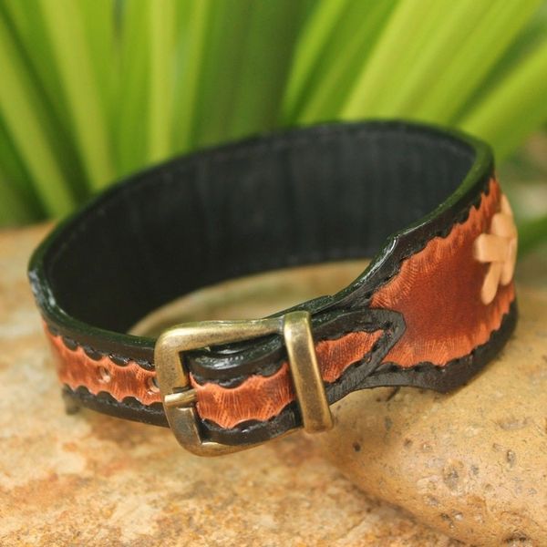 Alternate image for Mens Handcrafted Leather Wristband Bracelet from Thailand Thai Cowboy