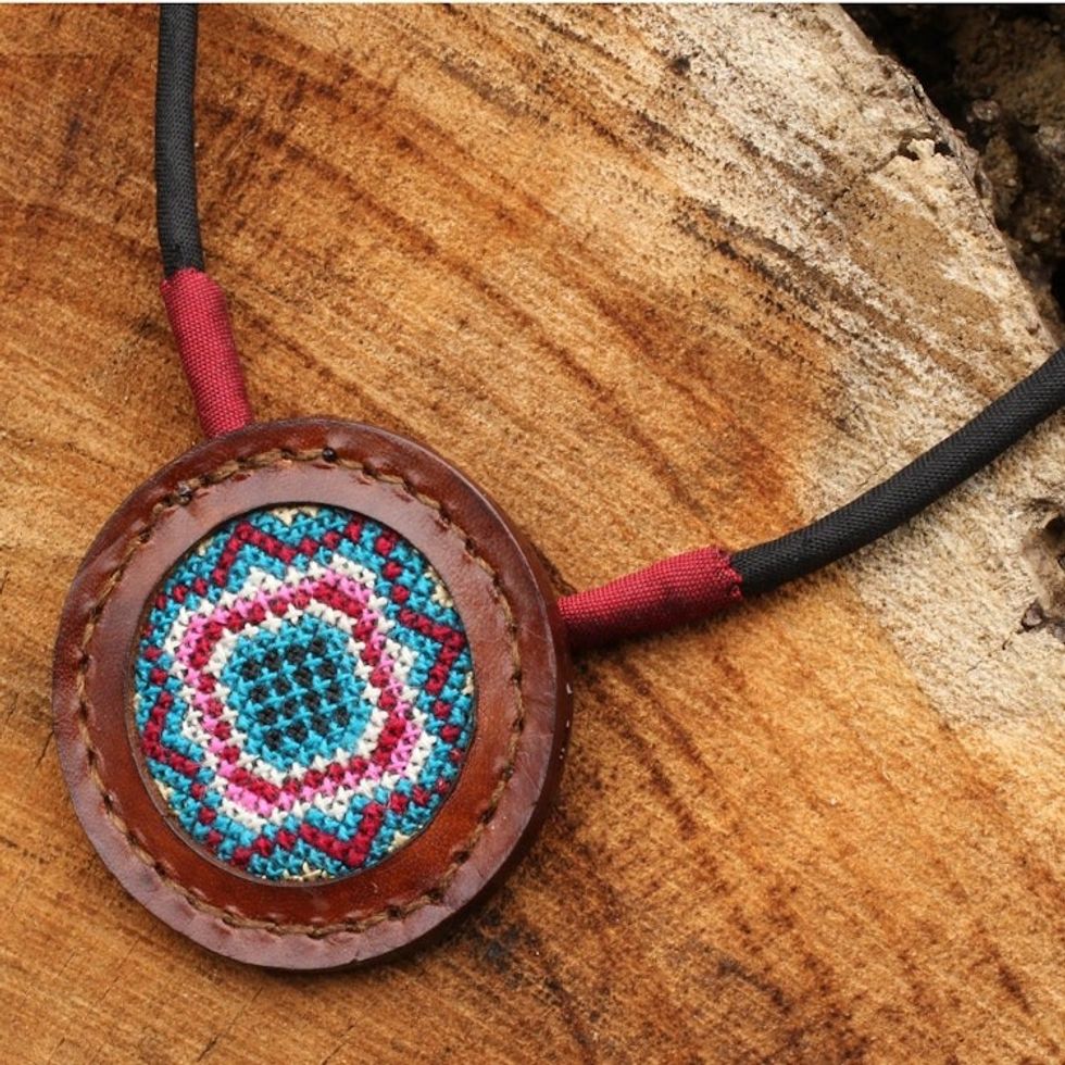 Cross Stitch Cotton and Leather Handcrafted Necklace 'Hill Tribe Diamond Star'