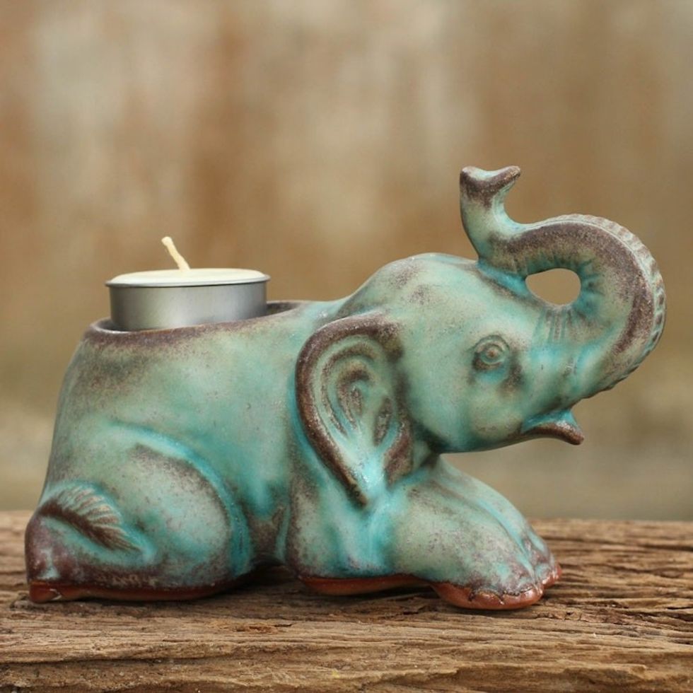 Celadon Ceramic Tea Light Holder from Thailand 'Reclining Turquoise Elephant'