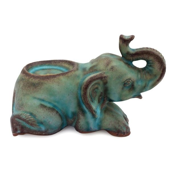 Alternate image for Celadon Ceramic Tea Light Holder from Thailand Reclining Turquoise Elephant