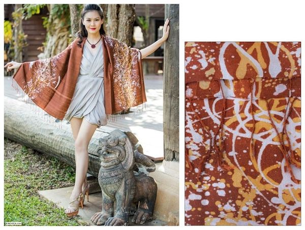 Alternate image for Unique Batik Silk Shawl Fireworks on Copper