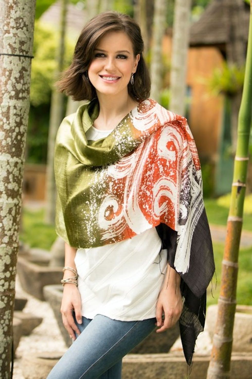 Silk Batik Shawl in Orange and Green from Thailand 'Ocean Sunset'