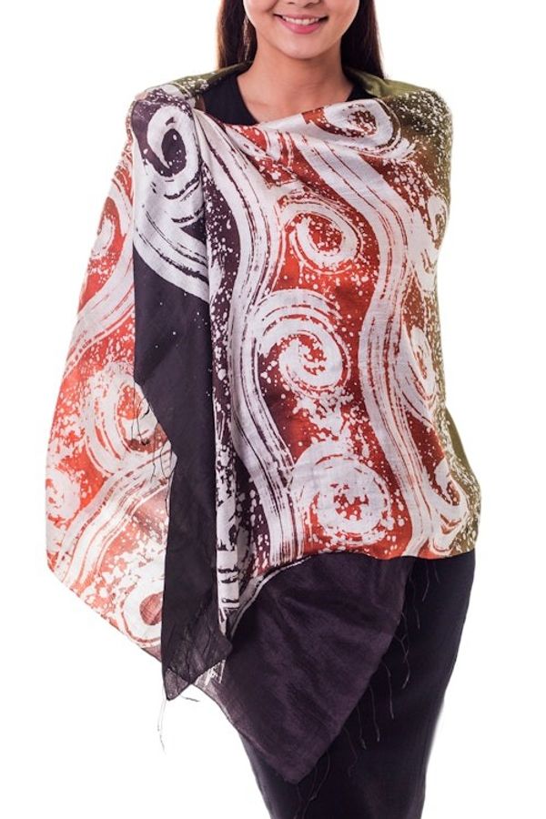 Alternate image for Silk Batik Shawl in Orange and Green from Thailand Ocean Sunset