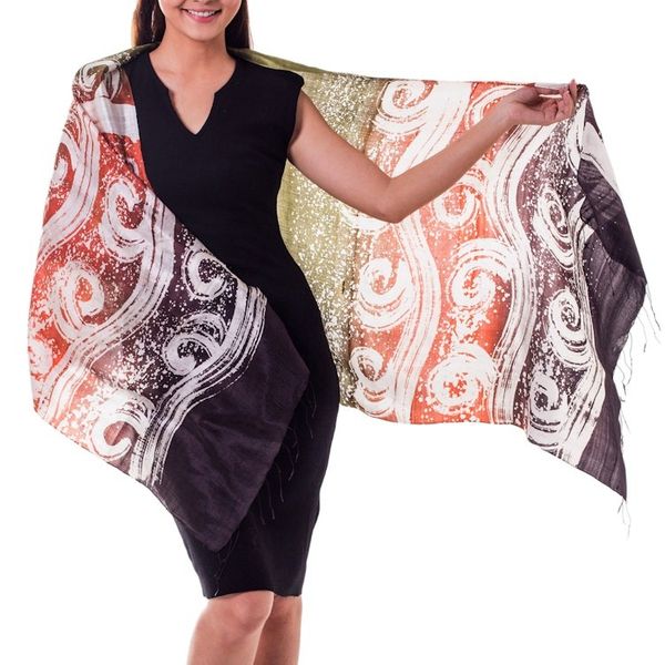 Alternate image for Silk Batik Shawl in Orange and Green from Thailand Ocean Sunset