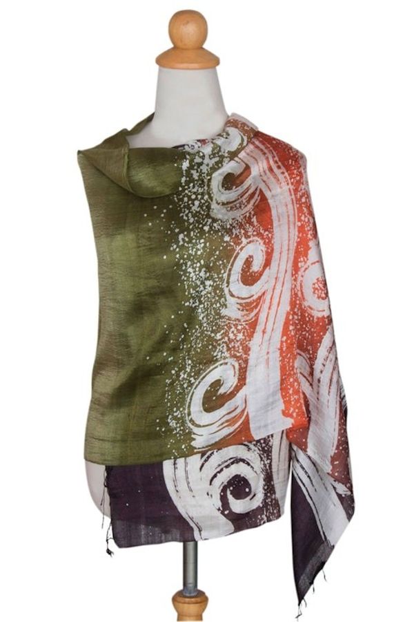 Alternate image for Silk Batik Shawl in Orange and Green from Thailand Ocean Sunset
