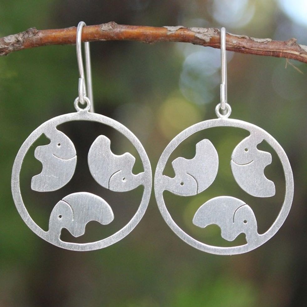Handcrafted Sterling Silver Dangle Earrings 'Moonlight Elephants'