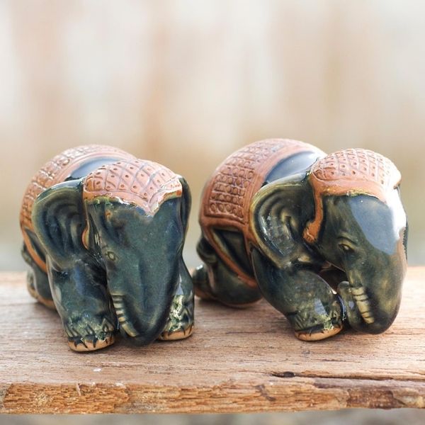 Alternate image for Celadon Ceramic Elephant Sculpture Pair Emerald Elephant