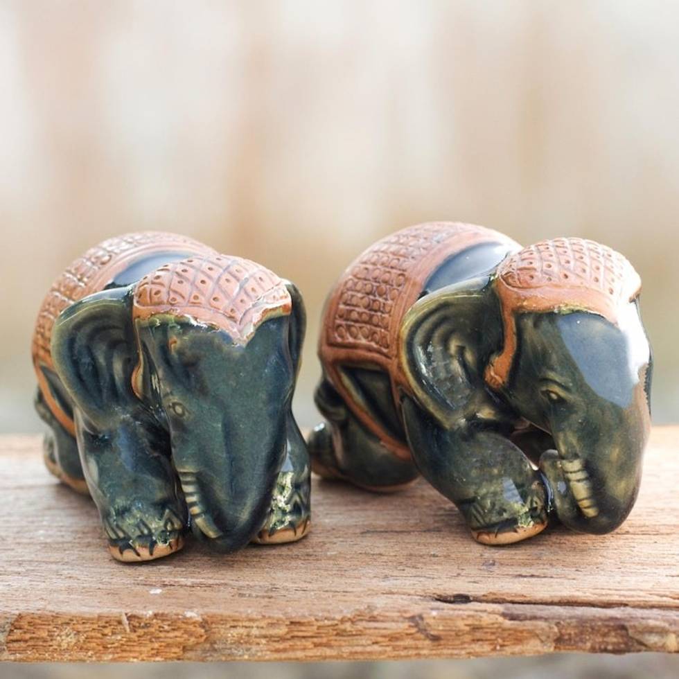 Celadon Ceramic Elephant Sculpture Pair 'Emerald Elephant'