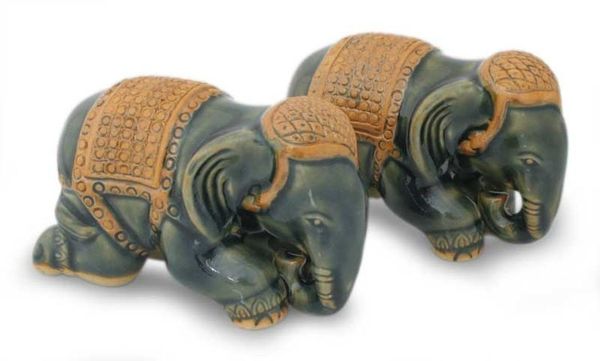 Alternate image for Celadon Ceramic Elephant Sculpture Pair Emerald Elephant