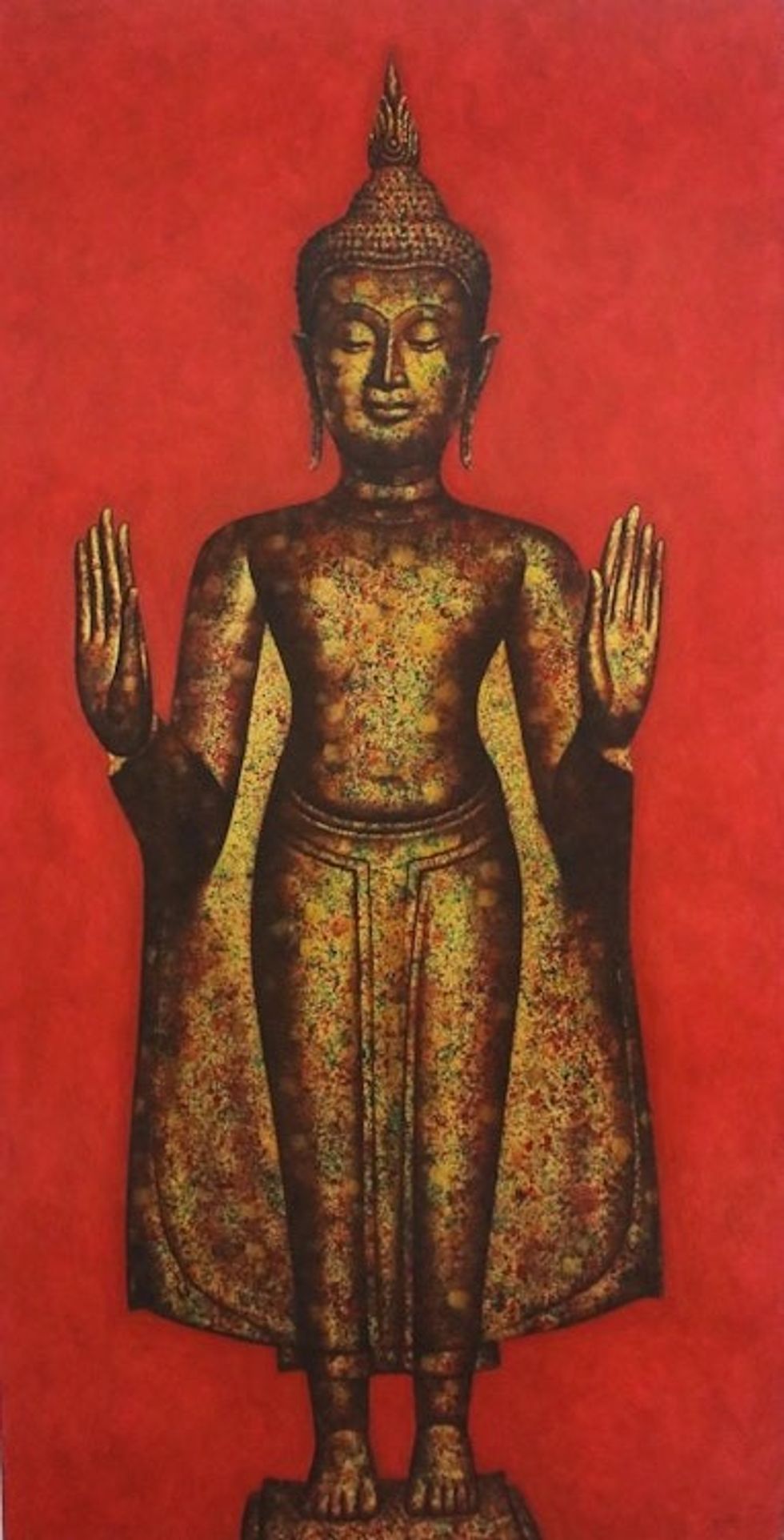 Signed Expressionist Buddha Painting from Thailand 2005 'Calming the Oceans'