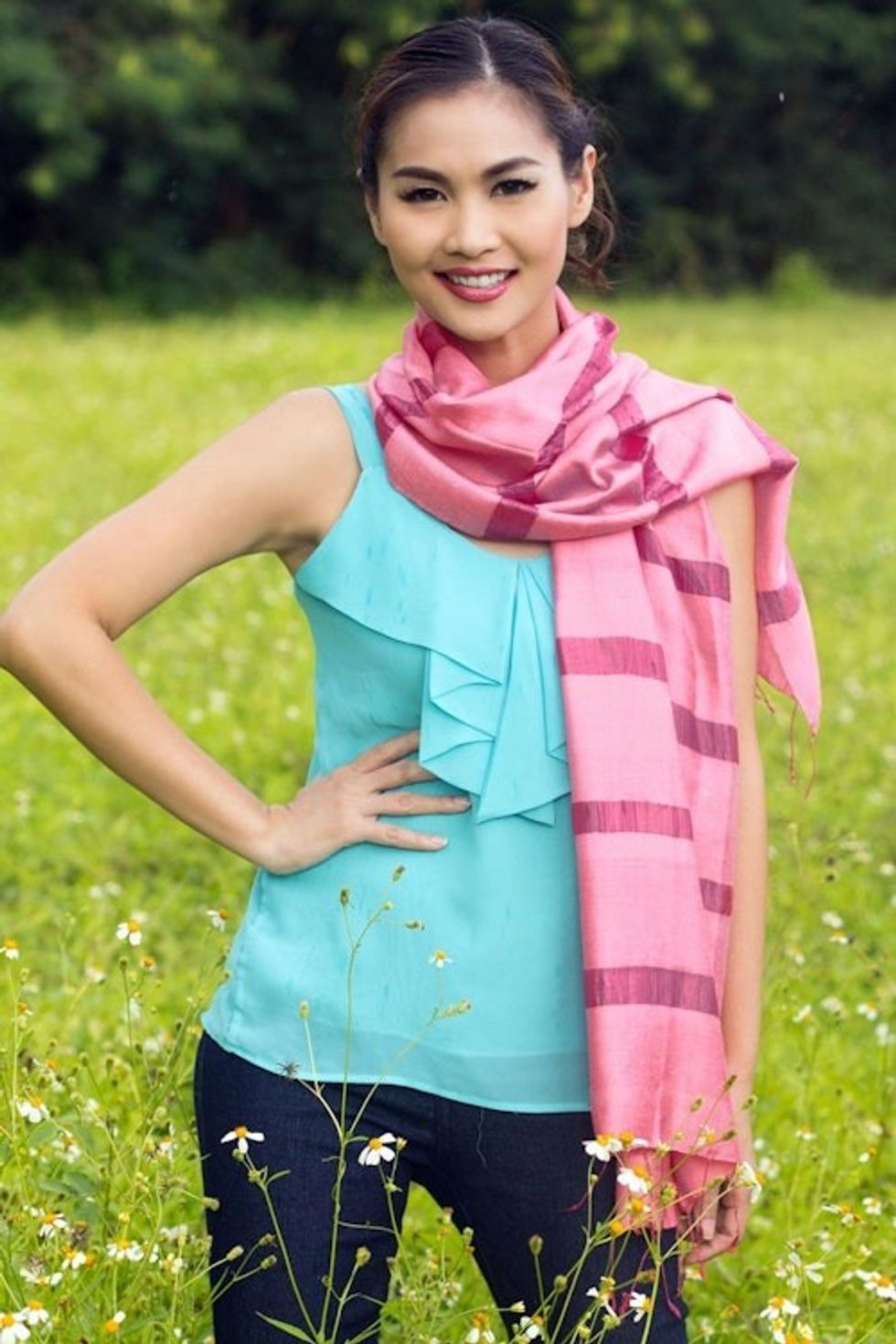 Handwoven Pink Rayon and Silk Scarf 'Rose Harmony'
