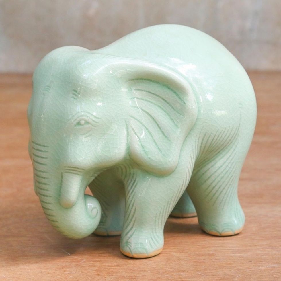 Handcrafted Celadon Ceramic Sculpture 'Elephant Power Tranquility'