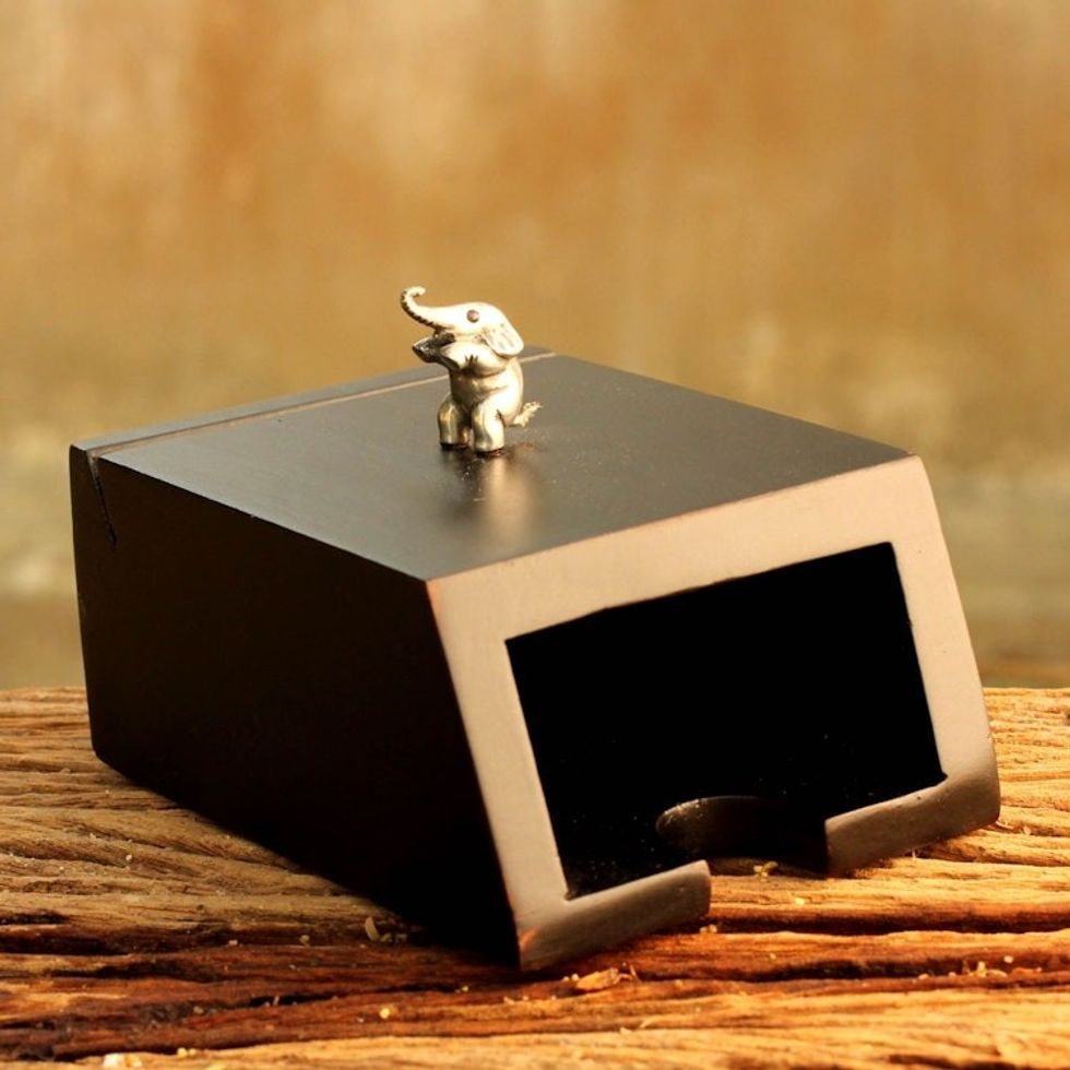 Wood and pewter business card holder 'Playful Elephant'