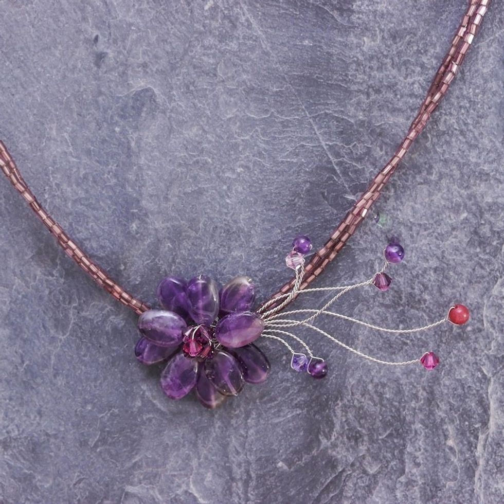 Beaded Amethyst Flower Necklace 'Lilac Floral Chic'