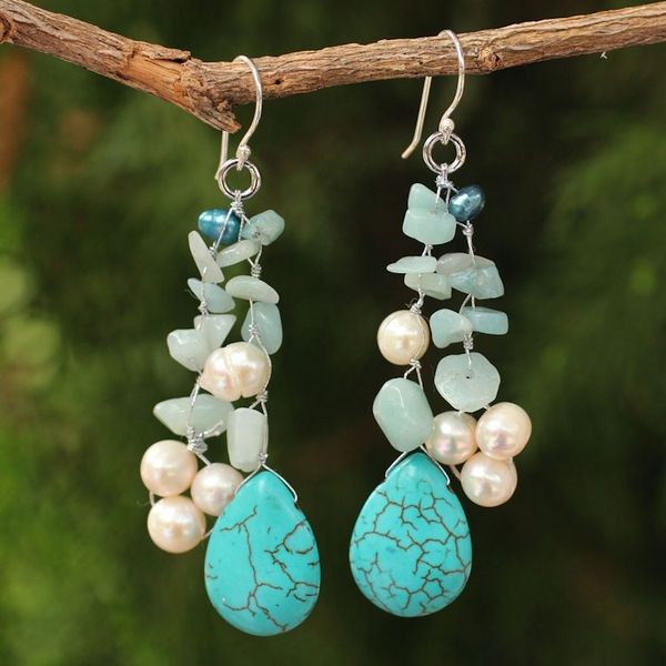 Alternate image for Handcrafted Pearl and Amazonite Waterfall Earrings Azure Allure