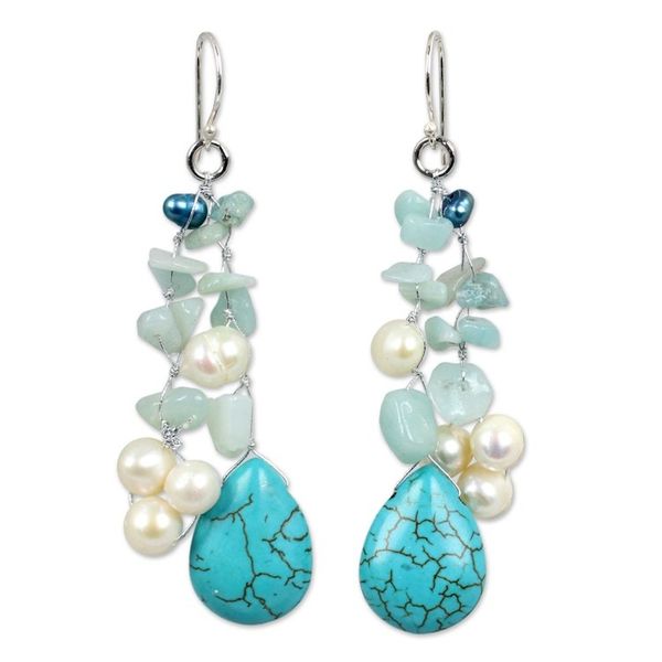 Alternate image for Handcrafted Pearl and Amazonite Waterfall Earrings Azure Allure