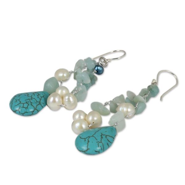 Alternate image for Handcrafted Pearl and Amazonite Waterfall Earrings Azure Allure