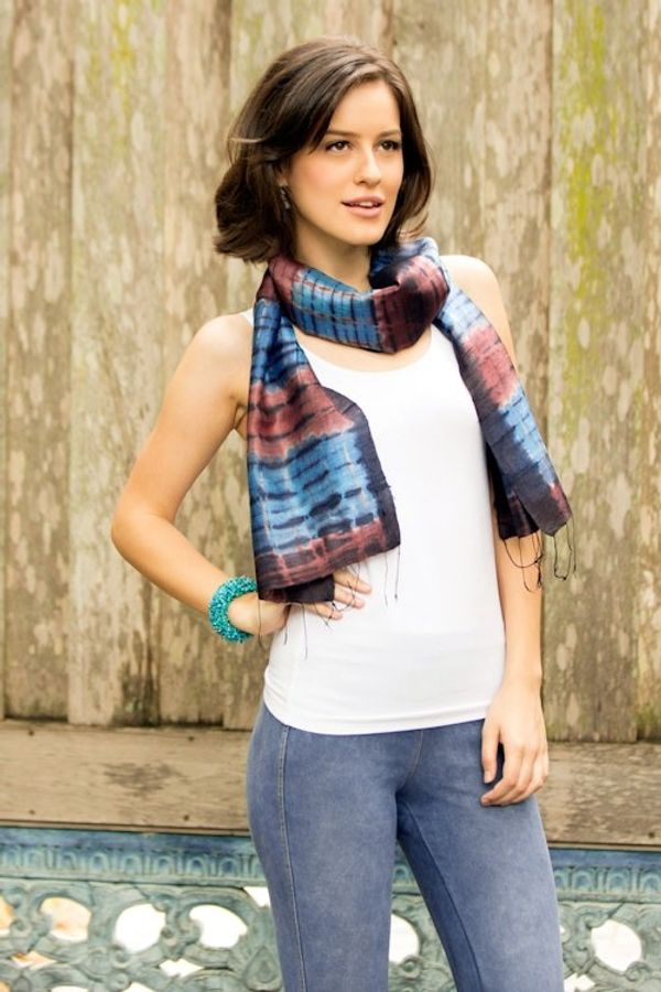 Alternate image for Unique Tie Dyed Silk Scarf Blue Thai Sky