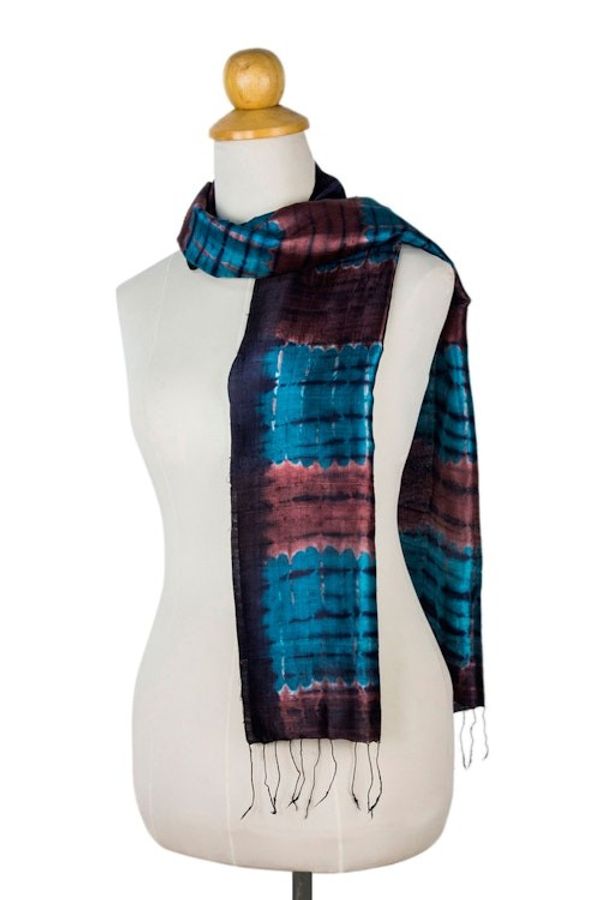 Alternate image for Unique Tie Dyed Silk Scarf Blue Thai Sky