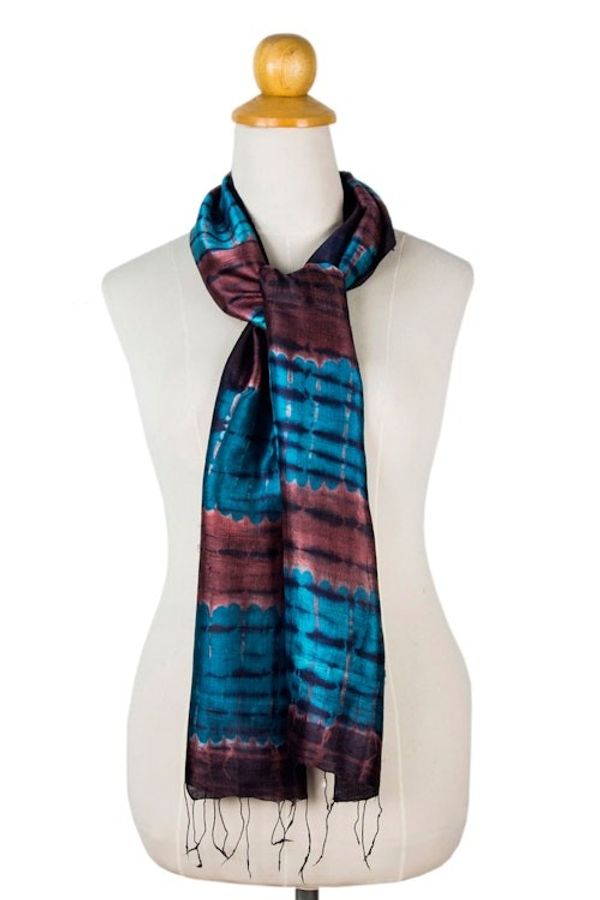 Alternate image for Unique Tie Dyed Silk Scarf Blue Thai Sky