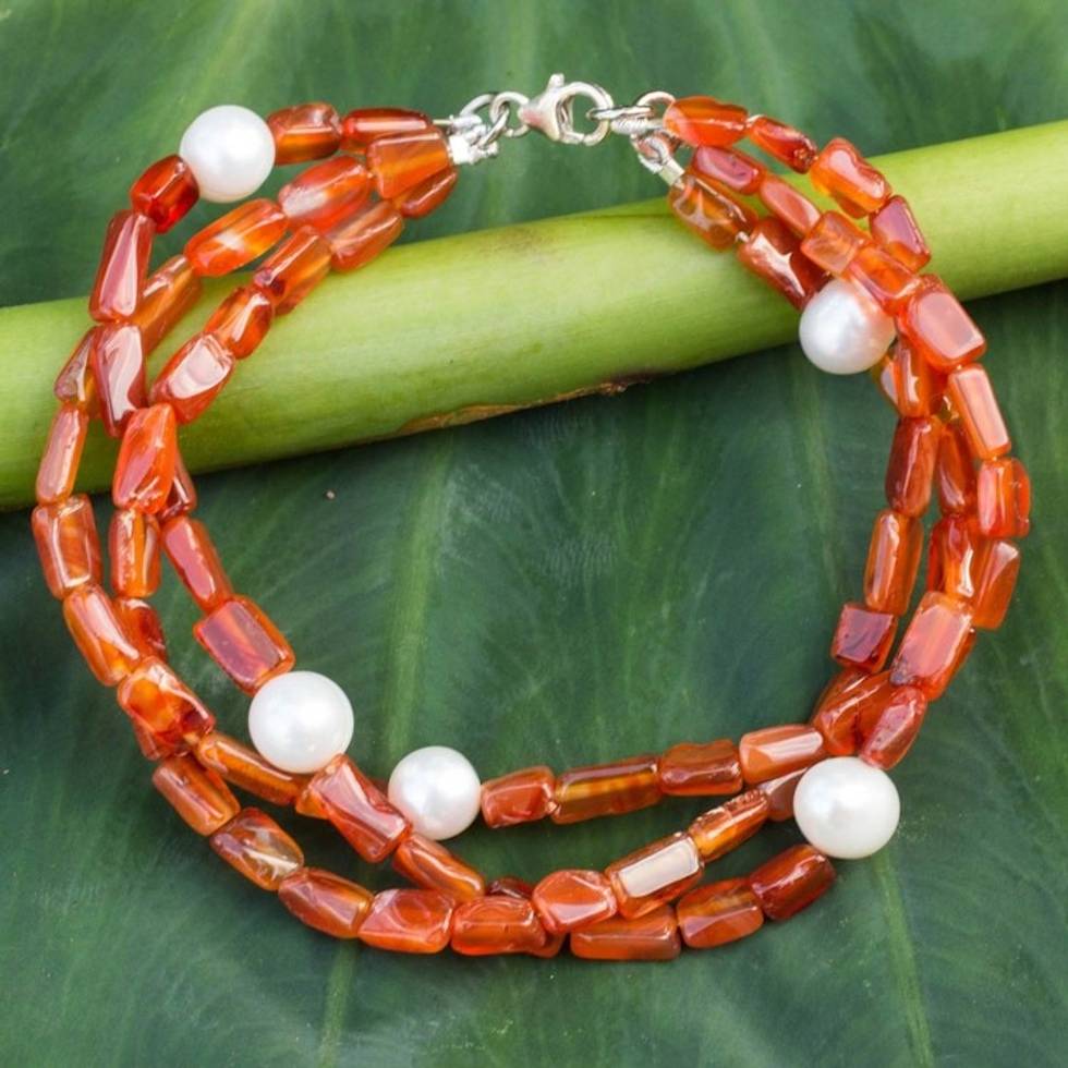 Handmade Beaded Carnelian and Pearl Bracelet 'Warmth'