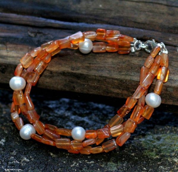 Alternate image for Handmade Beaded Carnelian and Pearl Bracelet Warmth