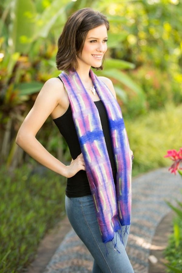 Alternate image for Tie Dye Purple and Pink Silk Scarf from Thailand Purple Thai River