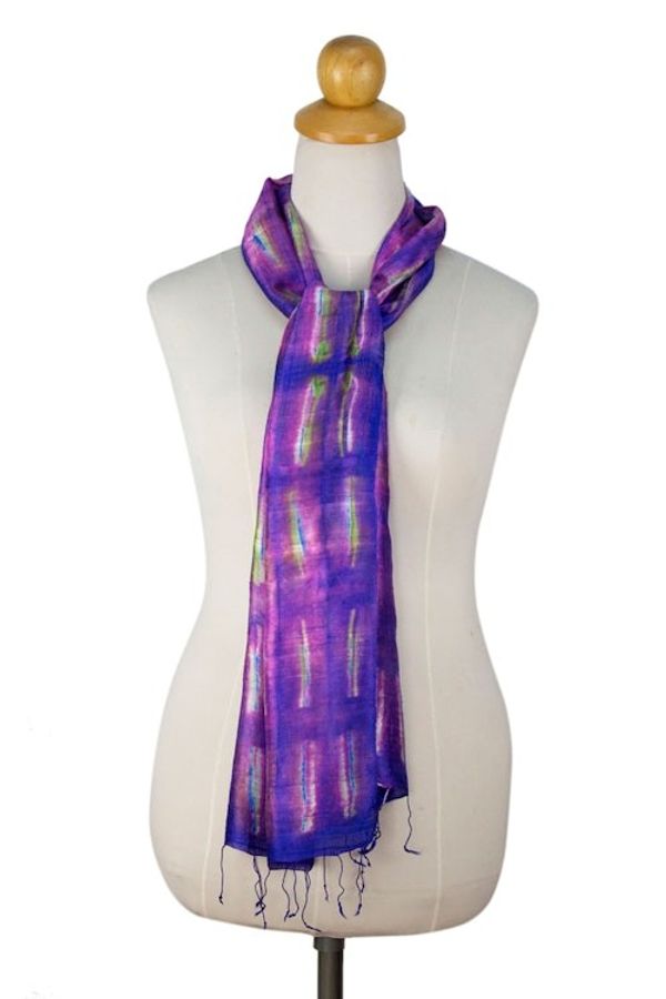 Alternate image for Tie Dye Purple and Pink Silk Scarf from Thailand Purple Thai River