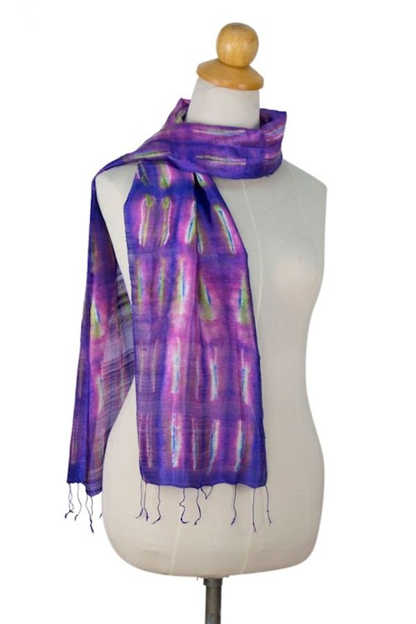 Alternate image for Tie Dye Purple and Pink Silk Scarf from Thailand Purple Thai River