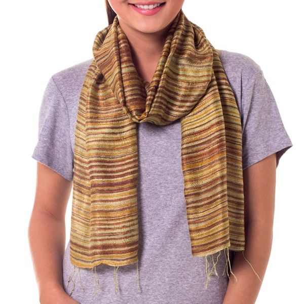 Alternate image for Hand Crafted Batik Silk Scarf Mae Nam Khong Honey