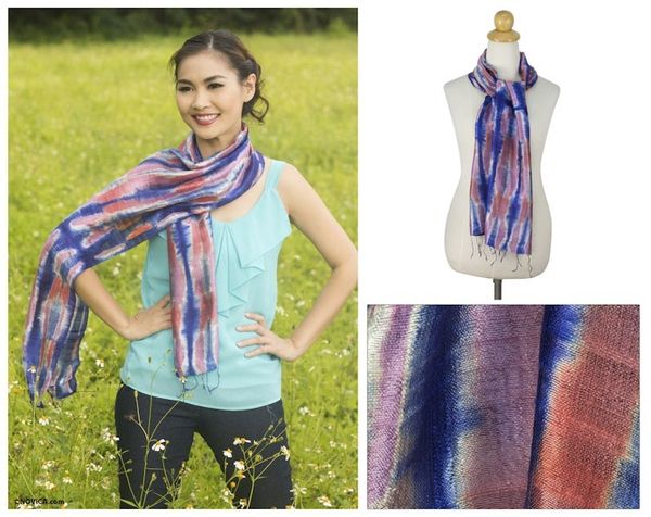 Alternate image for Tie Dye Blue and Pink Silk Scarf from Thailand Blue Thai River