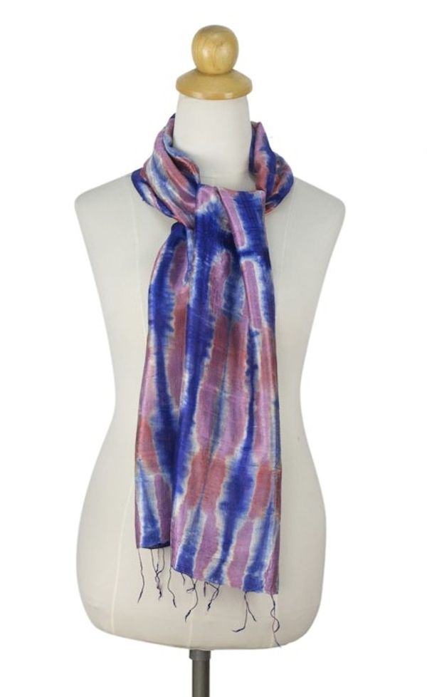 Alternate image for Tie Dye Blue and Pink Silk Scarf from Thailand Blue Thai River