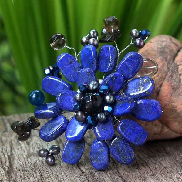 Alternate image for Handmade Floral Lapis Lazuli Brooch Pin Phuket Flowers