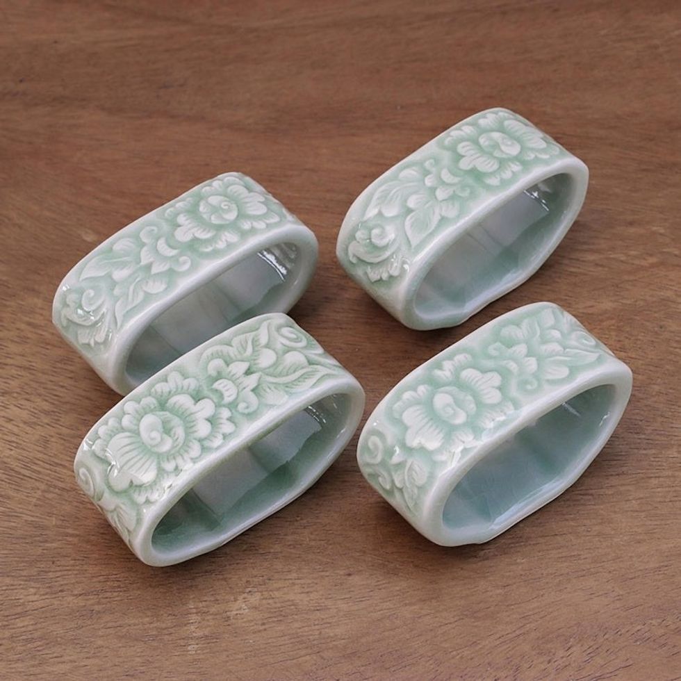 Celadon ceramic napkin rings Set of 4 'New Growth'