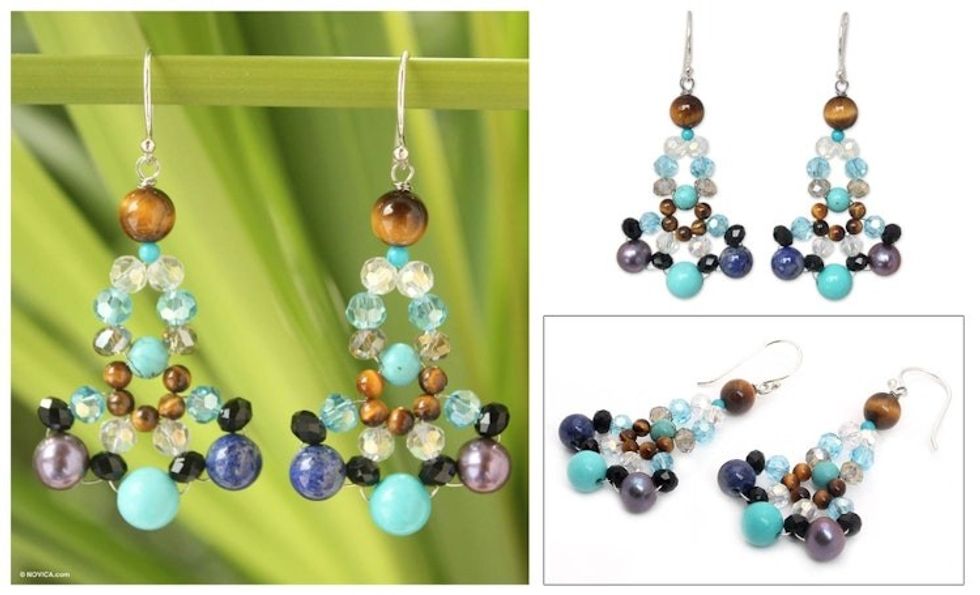 Tiger's eye and lapis lazuli beaded earrings 'Carnation Bouquet'