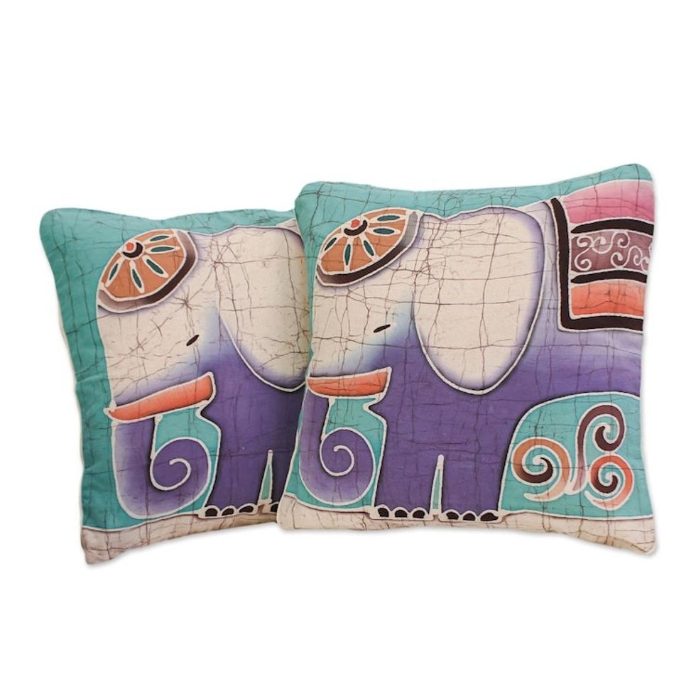 Hand Crafted Cotton Cushion Covers Pair 'Purple Pachyderm'