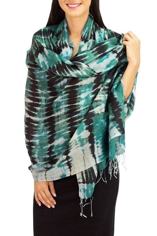 Alternate image for Hand Made Silk Shawl Turquoise Reflecting Pools