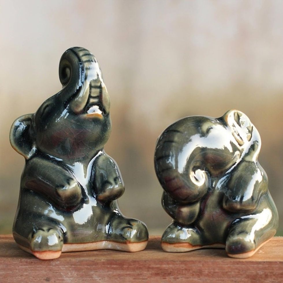 Handcrafted Dark Green Celadon Ceramic Elephants Pair 'Happy Dark Green Elephants'