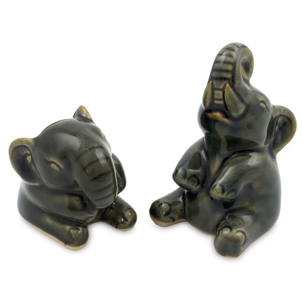 Alternate image for Handcrafted Dark Green Celadon Ceramic Elephants Pair Happy Dark Green Elephants