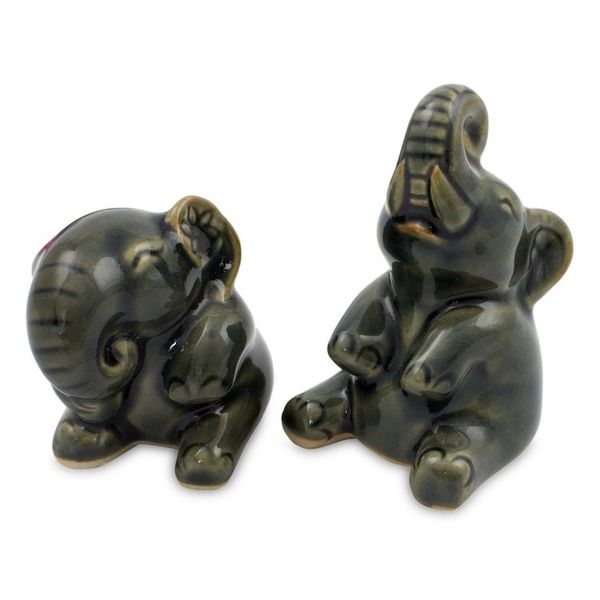 Alternate image for Handcrafted Dark Green Celadon Ceramic Elephants Pair Happy Dark Green Elephants