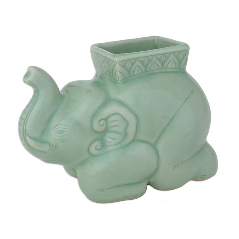 Handcrafted Celadon Ceramic Pencil Stand 'Kneeling Elephant'