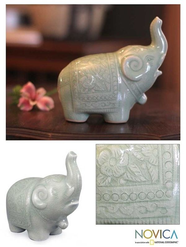 Alternate image for Celadon Ceramic Statuette Parading Elephant