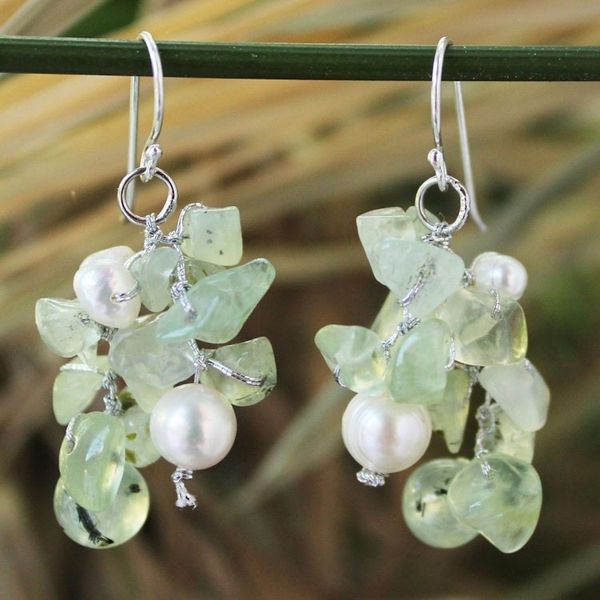 Alternate image for Prehnite and Pearl Dangle Earrings Thai Whisper
