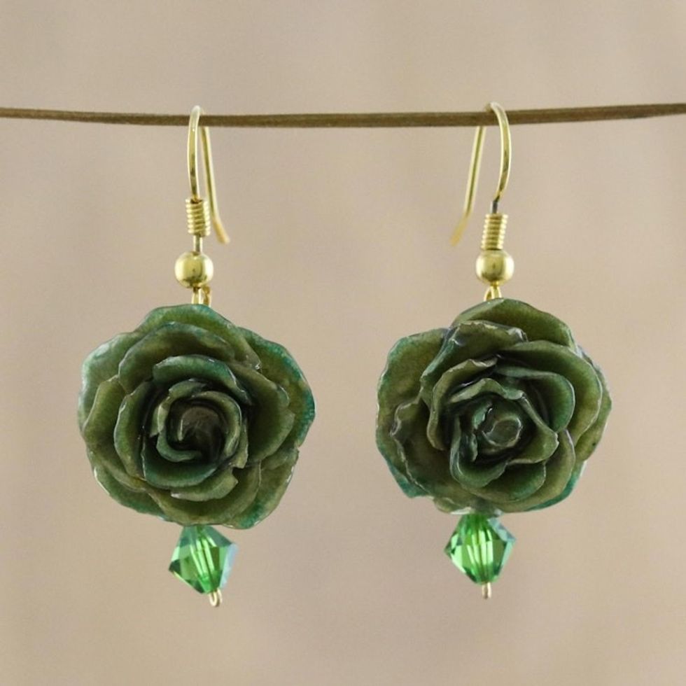 Natural rose flower earrings 'Timeless Green'